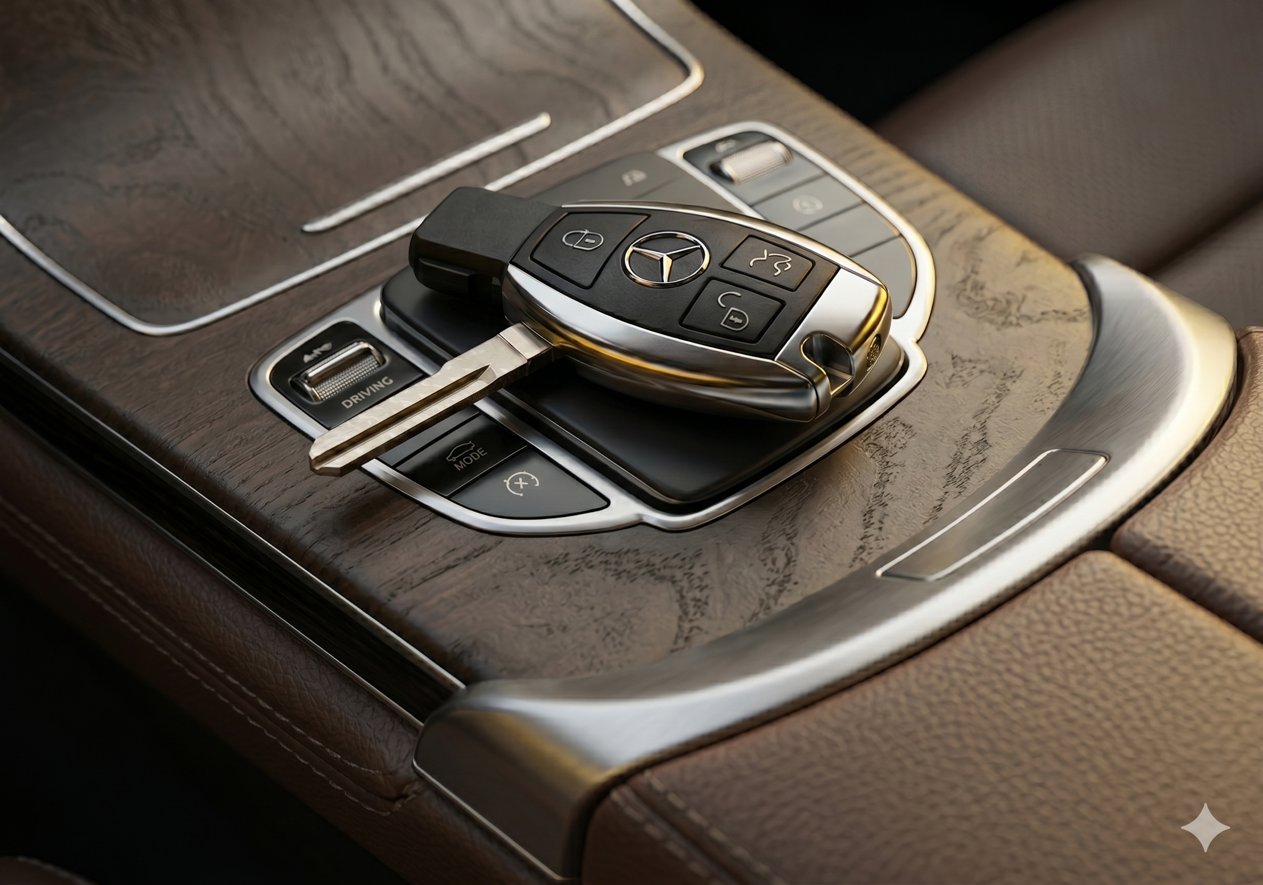 Chave canivete automotiva sobre console de madeira
